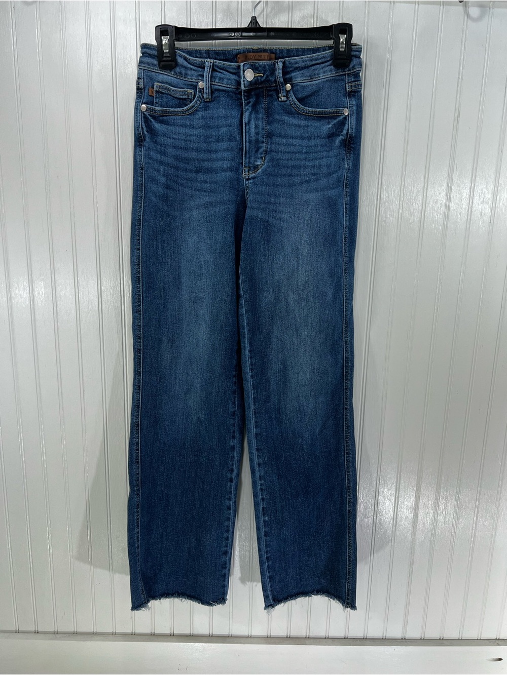Judy Blue Tummy Control Straight Leg Jeans Mid Rise Raw Hem 5 27